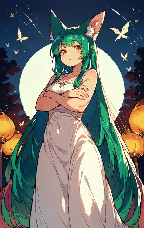 score_9,score_8_up,score_7_up,score_6_up,score_5_up,score_4_up night sky, feet out of frame, crossed arms, orange eyes, green hair, long dress, hair over shoulder, animal ears, <lora:Himukai_Yuuji_XL:0.8>