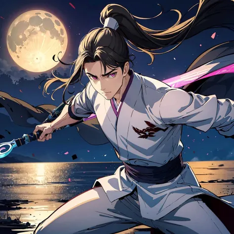 <lora:JinSoHanLoRA:0.6>,<lora:add_detail:0.5>,<lora:boldline:-0.3>,<lora:noline:0.3>,close your eyes,closed mouth,expressionless,
1boy,long hair,chinese clothes,
1boy,ponytail,short hair,kimono,purple eyes,aura effect,holding a dagger,reverse grip,dual wielding,remnants,moonlight,fog,exhale,