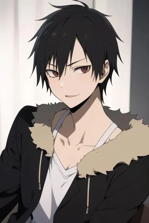 masterpiece, best quality, high quality, 1boy, solo, male focus, looking at viewer, upper body, <lora:orihara_izaya:0.70>, orihara_izaya
