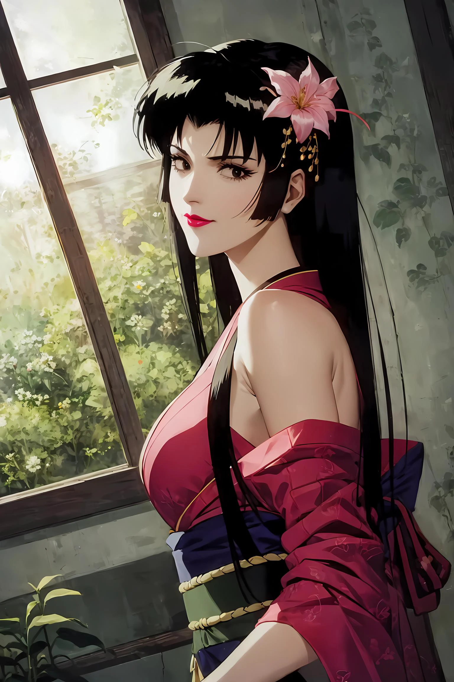 (Masterpiece, Best Quality:1.3), absurdres,(Ultra-detailed portrait), 2d, (Traditional Media:1.2, NinjaScroll), fantasy, Manga, (best illustration), official art, (thick lineart), retro artstyle, <lora:NinjaScroll-10:0.7>, centered, wide shot, extremely detailed mature female, ((1girl)), solo, upper body, (dutch angle, full body), beautiful, (looking at viewer), detailed eyes, gorgeous, lose up:0.2, (full angle view), perfect face, dark skin, eye contact, focus face, perfect face, lips, (lipstick:1.2), (black eyes, eyelashes:1.2), smile, black hair, long hair, hair stick, hair ornament, bangs, serious, Ninja, obi, short kimono, bare shoulders, medium breasts, fishnet sleeves, hand on own face, lovely, thick arms:0.2, fishnet thighhighs, stylish, standing, flowers in foreground, pose, (perfect female figure:1.2), shadows, dynamic, cinematic, sharp focus, (Details:1.2), (depth of field), scenery, fireflies, pink, petals, field, day, grass, nature, (indoors, sunlight:1.3), tree, animal, (highly detailed), film grain:0.6, (shiny), intricate design, 85mm, ((volumetric lighting)), high contrast:0.3, glowing:0.7, (dramaticL1.2), particles, anime screen:1.1, 90's anime style, green theme, extremely detailed background, (sharp focus), <lora:epiNoiseoffset_v2:0.3>