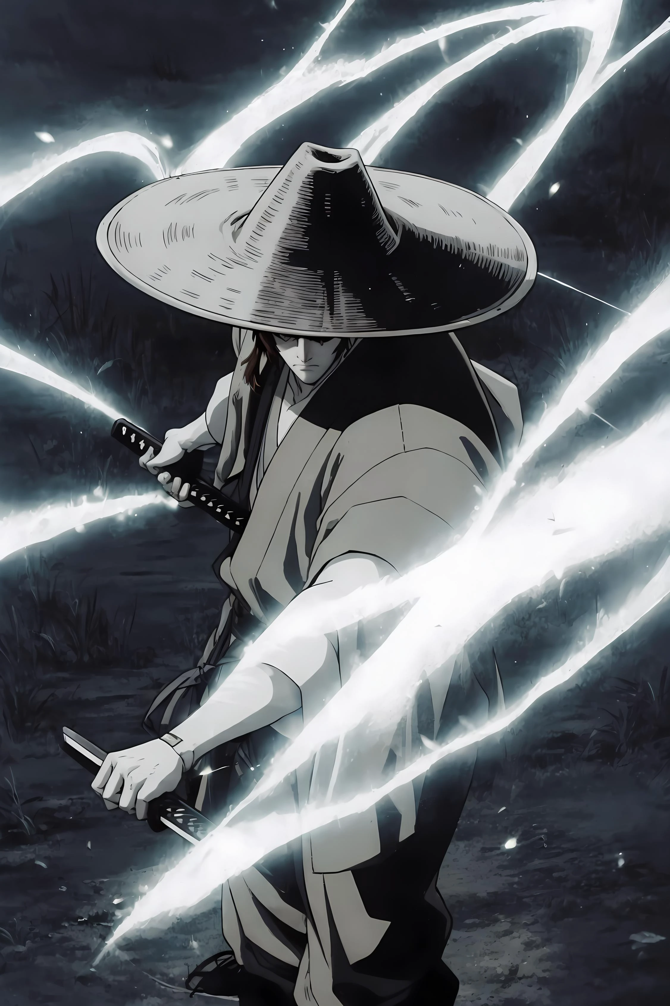 (Masterpiece, Best Quality:1.3), absurdres,(Ultra-detailed portrait), 2d, Traditional Media, NinjaScroll, official art, centered, wide shot, (male focus:1.2), muscles:0.4, manly, 1boy, solo, upper body, (cowboy shot:1.3), (full body:1.2), handsome, (looking at viewer), detailed eyes, close up:0.2, (full angle view), perfect face, eye contact, focus face, lips:0.5, black eyes, eyelashes, brown hair, hair over eyes, angry, Japanese clothes, (black hat, ajirogasa:1.2), holding sword, katana, standing, (fighting stance),armpits, arms up, shadows, dynamic, beautiful, cinematic, sharp focus, (Details:1.2), (depth of field), ((wind blowing)), scenery, fireflies:0.1, night sky, nature, (night, dark:1.3), electricity:1.1,(highly detailed), film grain:0.6, (shiny), intricate design, 85mm, ((volumetric lighting)), high contrast:0.3, glowing:0.7, 90's anime style, extremely detailed background, (sharp focus), thick lineart, <lora:NinjaScroll-10:0.8>, <lora:epiNoiseoffset_v2:0.3>