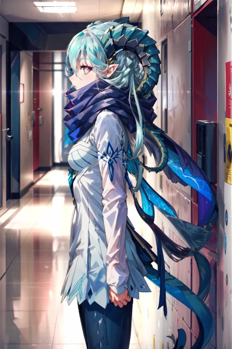 masterpiece,best quality,1girl,tiamat \(fate\),SecLarva,2ndClothing,sleeves past wrists,pantyhose,scarf,expressionless,looking at viewer,futuristic hallway,from side,<lora:FGOTiamatv2:0.9>,