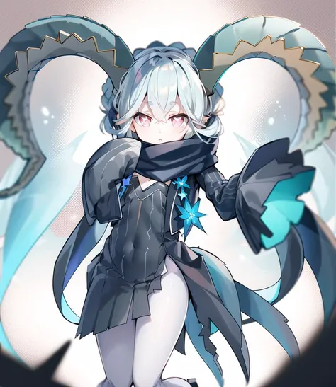 masterpiece, best quality, high resolution, solo,
TiamatAlterego, 1girl, solo, ((sleeves past wrists, sleeves past fingers)), small breasts, long sleeves, striped, very long hair, black scarf, ribbed dress, black dress, white_pantyhose,
<lora:FateTiamat128NREG0330:0.8>, symbol-shaped eyes, horns, curled horns, pointy ears,