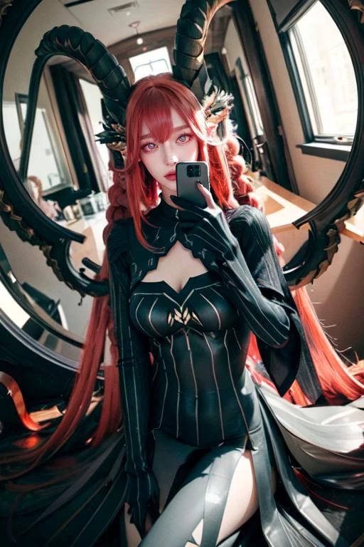 (otherworldly), highly insanely detailed, masterpiece, top quality, best quality, highres, 4k, 8k, RAW photo, (very aesthetic, beautiful and aesthetic),
1girl,
3rdFGO, AlteregoFinalClothing,
symbol-shaped eyes, horns, curled horns, pointy ears,
<lora:FGOTiamatv2:0.8>,
long hair ,ginger hair ,colored inner hair ,ultra floating, floating hair,metal hair,leaf hair,flipped hair,
(steel gray eyes),
downtown, city,
(flower, falling petals, petals on liquid, petals, cherry blossom:0.8),
(taking a selfie in the mirror), (fantasy world)