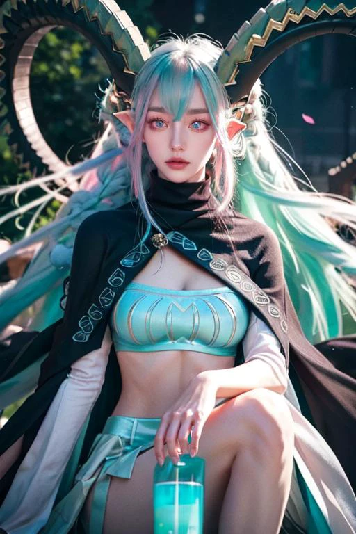 (otherworldly), highly insanely detailed, masterpiece, top quality, best quality, highres, 4k, 8k, RAW photo, (very aesthetic, beautiful and aesthetic),
1girl,
3rdFGO, AlteregoFinalClothing,
symbol-shaped eyes, horns, curled horns, pointy ears,
<lora:FGOTiamatv2:0.8>,
long hair ,violet hair ,rainbow hair, Iridescence hair,split-color hair, dual-toned hair, two-tone hair ,wild hair,Blowing hair in the strong wind,
(bright blue-green eyes),
public park, Outdoor Theater, Secluded space with a stage, audience seating, projector screen, lighting rigs, and cozy blankets available for cooler evenings, dark background,
(flower, falling petals, petals on liquid, petals, cherry blossom:0.8),
sultry gaze, gazing with intense eyes, conveying passion and desire, (fantasy world)