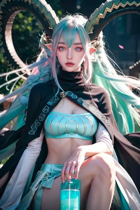 (otherworldly), highly insanely detailed, masterpiece, top quality, best quality, highres, 4k, 8k, RAW photo, (very aesthetic, beautiful and aesthetic),  
1girl, 
3rdFGO, AlteregoFinalClothing, 
symbol-shaped eyes, horns, curled horns, pointy ears, 
<lora:FGOTiamatv2:0.8>, 
long hair ,violet hair ,rainbow hair, Iridescence hair,split-color hair, dual-toned hair, two-tone hair  ,wild hair,Blowing hair in the strong wind, 
(bright blue-green eyes), 
public park, Outdoor Theater, Secluded space with a stage, audience seating, projector screen, lighting rigs, and cozy blankets available for cooler evenings, dark background, 
(flower, falling petals, petals on liquid, petals, cherry blossom:0.8), 
sultry gaze, gazing with intense eyes, conveying passion and desire, (fantasy world)