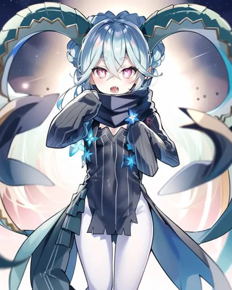 masterpiece, best quality, high resolution,
TiamatAlterego, 1girl, solo, horns, curled horns, symbol-shaped pupils, open mouth, pointy ears, braid, ((sleeves past wrists)), scarf, looking at viewer, bangs, breasts, long hair, pink eyes, blush, small breasts, dress, hair between eyes, long sleeves, striped, blue hair, crossed bangs, hair bun, sleeves past fingers, fangs, +_+, black scarf, striped gloves, hands up, ribbed dress, black dress,  white_pantyhose, 
, <lora:FateTiamat128NREG0330:0.8>,  symbol shaped eyes, sfw,  gloves,  in the stars and cosmos,