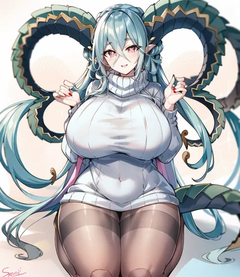 masterpiece, best quality, high resolution, solo,
1girl, horns, breasts, solo, long hair, huge breasts, very long hair, pointy ears, pantyhose, sweater, blue hair, symbol-shaped pupils, curled horns, looking at viewer, smile, pink eyes, ribbed sweater, dragon girl, braid, hair between eyes, sitting, thighband pantyhose, tail, turtleneck, signature, dragon horns, red eyes, bangs, thighs, +_+, seiza
<lora:FateTiamat128NREG0330:0.8>, symbol shaped eyes, horns,
