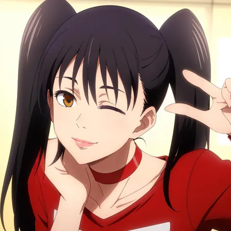 masterpiece,high quality,
<lora:takada001:0.7>,looking at viewer,smile,parted lips,
takada,1girl,
twintails,brown eye,one eye closed,hand up,
red choker,red t-shirt,