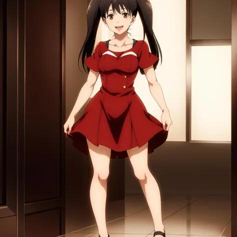 [[anime styled]],[[digitalart]],masterpiece,best quality,high resolution,Tomomi_Xijing,black hair,Short hair,Hair Ribbon,red eyes,midium build,(red ,winter clothes,long sleeves,long skirt),NSFW,1girl in,独奏,((standing)),(Portrait),pussy focus,from below,(short torso),Perfect Lighting,(skirt lift,up skirt),show off panites,((lite blue striped panties)),smile,blush,(underwear:1.2), (strong light),((brighten the subject)),spread legs, break background classroom,