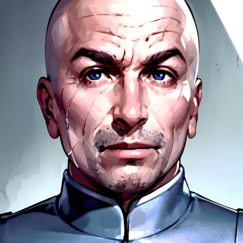 portrait<lora:DrEvilLoRA:0.8> drevil bald with scar on his right cheek, grey coat, (((meme))), high detail skin, high detail eyes, high detail hair, highres, ultra detailed, detailed pores, imperfect skin, detailed reflective shiny skin, diffused skin pores,sharpen picture, Highly detailed, masterpiece, best quality, photorealistic,
