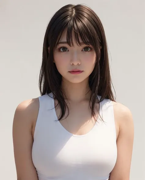 best quality, photorealistic, 8k, high res, 1girl, woman, (skindentation), (portrait:0.6), gorgeous, ((whitebackground, sport tanktop, small breast:1.65)), (long brown hair, parted bangs:1.4), looking at viewer,  (1girl eyes looking at viewer:1.6), photorealistic, (bokeh), (closed mouth, smile:1.3), gorgeous, pureerosface_v1:1, <lora:grav-kana:0.5>