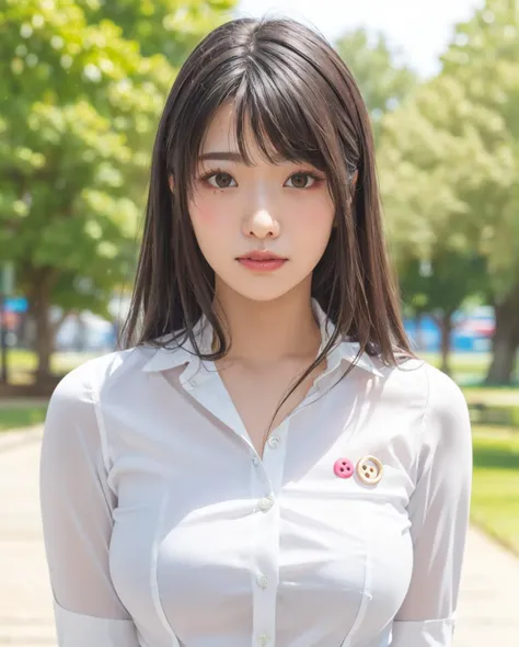 pureerosface_v1:0.3, best quality, photorealistic, 8k, high res, full color, 1girl, woman, 20 years old woman, (closed mouth:1.73), (skindentation), (portrait:0.6), trees, park bench, daylight, ((park background:1.52)), full color, ((buttonedwhiteshirt:1.78)), looking at viewer:1.8, (1girl eyes looking at viewer:1.55), (long hair, brownhair, partedbangs:1.45), (bokeh), <lora:AAG-yamada:0.65>