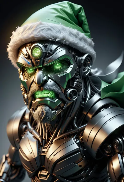 mid shot, TransformersStyle green silver Santa, green Santa hat, glowing eyes, menacing overlord, (angry:1.3), artificial intelligence, in the style of Kilian Eng <lora:TransformersStyleXL:1>, Photorealistic, Hyperrealistic, Hyperdetailed, analog style, detailed skin, matte skin, soft lighting, subsurface scattering, realistic, heavy shadow, masterpiece, best quality, ultra realistic, 8k, golden ratio, Intricate, High Detail, film photography, soft focus