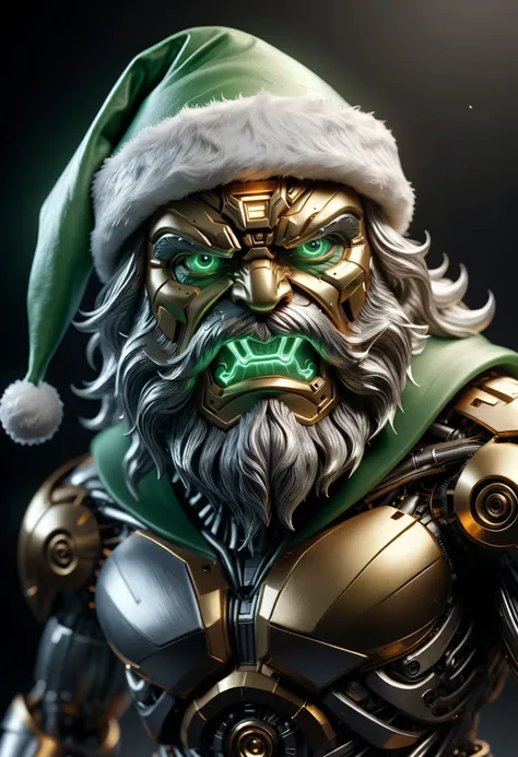 mid shot, TransformersStyle green silver Santa, green Santa hat, glowing eyes, menacing overlord, (angry:1.3), artificial intelligence, in the style of Anato Finnstark <lora:TransformersStyleXL:1>, Photorealistic, Hyperrealistic, Hyperdetailed, analog style, detailed skin, matte skin, soft lighting, subsurface scattering, realistic, heavy shadow, masterpiece, best quality, ultra realistic, 8k, golden ratio, Intricate, High Detail, film photography, soft focus