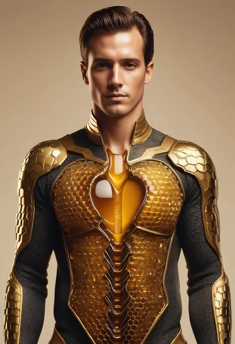 TransformersStyle, a man [wearing an unzipped black and yellow open leather jacket, V shape neck : , revealing a body made from honeycomb pattern and a heart made of honey, transparent suite, honey veins: 3], symmetrical, Photorealistic, Hyperrealistic, Hyperdetailed, analog style, detailed skin, matte skin, soft lighting, subsurface scattering, realistic, heavy shadow, masterpiece, best quality, ultra realistic, 8k, golden ratio, Intricate, High Detail, film photography, soft focus <lora:TransformersStyleXL:1>