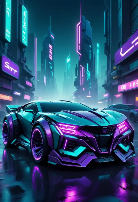 <lora:XL_TransformersStyle:0.8> TransformersStyle, cyberpunk purple and teal futuristic car, sharp edges, high tech, glowing headlights, dystopian night city background, neon lights, wet streets