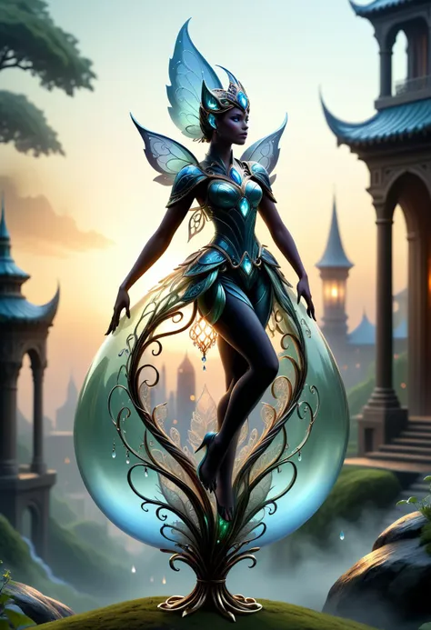 ethereal fantasy concept art of TransformersStyle, macro photography, [ : enclosed  fairy silhouette (made of smoke:1.2) : 2], giant translucent dew drop, twisted vines and microorganisms, microcosmos, selective focus, vray tracing BREAK faberge metallic shell structure wrapped around, filigree, chromecore, fractal patterns BREAK sunset, city, magical ambient <lora:TransformersStyleXL:1> . magnificent, celestial, ethereal, painterly, epic, majestic, magical, fantasy art, cover art, dreamy