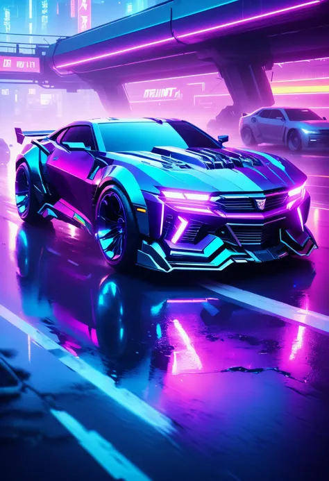 concept art <lora:XL_TransformersStyle:0.8> TransformersStyle, cyberpunk purple and teal futuristic car, sharp edges, high tech, glowing headlights, dystopian night city background, neon lights, wet streets . digital artwork, illustrative, painterly, matte painting, highly detailed