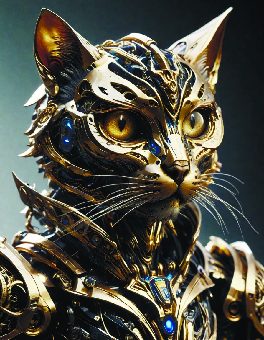vintage nouveau style sticker,cat as a cyborg,detailed filigree fretwork lacework exoskeleton armour,knight,heavenlydaemonic,ilm,qihooei,wei howling from alchemy,character render | neat gundam | stylized gothic gold colours,trending pixiv fanbox rutkowski mak zkeleton <lora:zkeleton-sdxl:0.8>,<lora:add-detail-xl:1.6>,LuxTechAI <lora:LuxTechAIv2p:0.7>,DonMPl4sm4T3chXL <lora:DonMPl4sm4T3chXL-000010:0.6>,TransformersStyle <lora:TransformersStyleXL-000009:0.5>,by diegocr,c1bo <lora:just_another_Cyborg_LoRa_SDXL-000009:0.4>