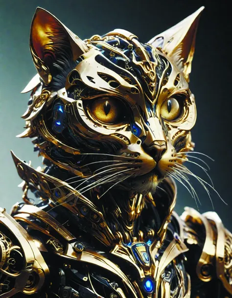 a close up of a cat statue with a gold and blue design