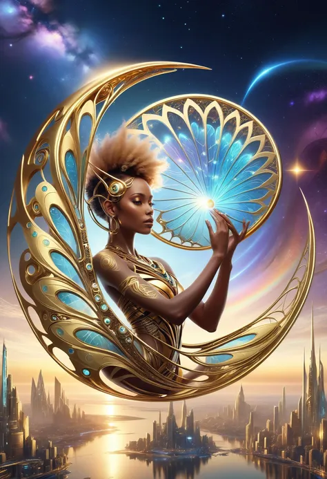 ethereal fantasy concept art of  TransformersStyle, [: portrait floating fairy, (afrofuturism, cyberpunk art, contemporary:1.5), gold paint tribal tattoo:5] [giant moon::8], selective focus, vray tracing, [faberge::8] metallic shell structure wrapped around, filigree, rainbowcore,  fractal patterns BREAK sunset, city, magical ambient <lora:XL_TransformersStyle-000009:0.8> . magnificent, celestial, ethereal, painterly, epic, majestic, magical, fantasy art, cover art, dreamy