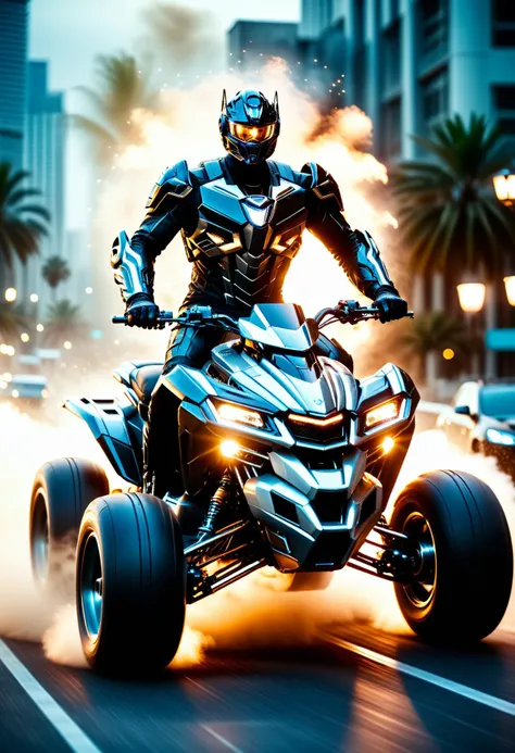 cinematic film still <lora:XL_TransformersStyle:1> TransformersStyle, elegant man riding a futuristic quad bike, ink, metalcore <lora:xl_more_art-full_v1:0.5> . shallow depth of field, vignette, highly detailed, high budget Hollywood movie, bokeh, cinemascope, moody, epic, gorgeous, film grain, grainy