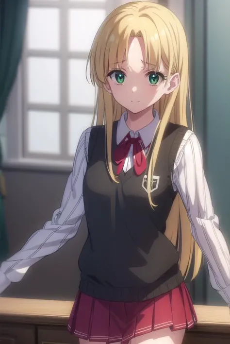 asiaargento, <lora:asia argento anime s1-lora-nochekaiser:1>,
asia argento, long hair, blonde hair, (green eyes:1.3), (parted bangs:1.5), ahoge, smile, (small breasts:1.2),
BREAK skirt, shirt, long sleeves, ribbon, school uniform, pleated skirt, vest, red skirt, sweater vest,
BREAK indoors, classroom,
BREAK looking at viewer, (cowboy shot:1.5),
BREAK <lyco:GoodHands-beta2:1>, (masterpiece:1.2), best quality, high resolution, unity 8k wallpaper, (illustration:0.8), (beautiful detailed eyes:1.6), extremely detailed face, perfect lighting, extremely detailed CG, (perfect hands, perfect anatomy),