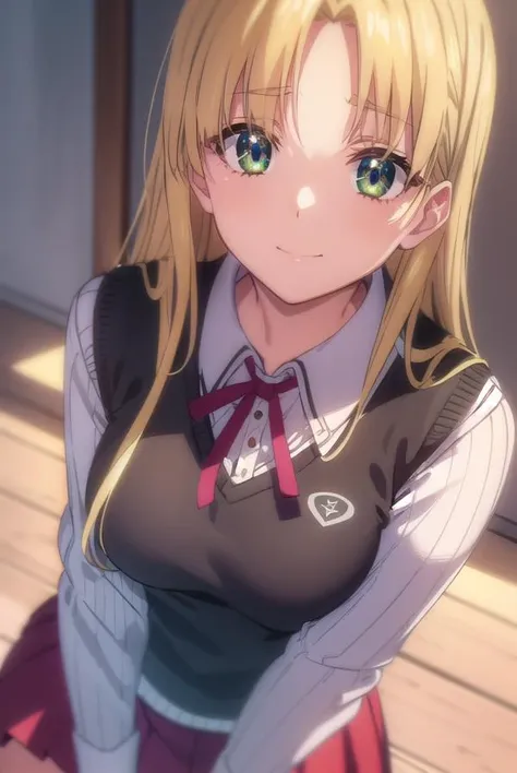 asiaargento, <lora:asia argento anime s1-lora-nochekaiser:1>,
asia argento, long hair, blonde hair, (green eyes:1.3), (parted bangs:1.5), ahoge, smile, (small breasts:1.2),
BREAK skirt, shirt, long sleeves, ribbon, school uniform, pleated skirt, vest, red skirt, sweater vest,
BREAK indoors, classroom,
BREAK looking at viewer, (cowboy shot:1.5),
BREAK <lyco:GoodHands-beta2:1>, (masterpiece:1.2), best quality, high resolution, unity 8k wallpaper, (illustration:0.8), (beautiful detailed eyes:1.6), extremely detailed face, perfect lighting, extremely detailed CG, (perfect hands, perfect anatomy),