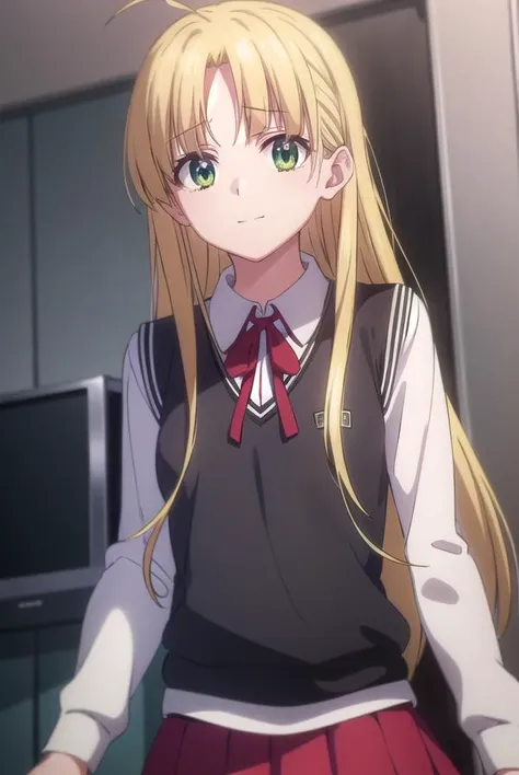 asiaargento, <lora:asia argento anime s1-lora-nochekaiser:1>,
asia argento, long hair, blonde hair, (green eyes:1.3), (parted bangs:1.5), ahoge, smile, (small breasts:1.2),
BREAK skirt, shirt, long sleeves, ribbon, school uniform, pleated skirt, vest, red skirt, sweater vest,
BREAK indoors, classroom,
BREAK looking at viewer, (cowboy shot:1.5),
BREAK <lyco:GoodHands-beta2:1>, (masterpiece:1.2), best quality, high resolution, unity 8k wallpaper, (illustration:0.8), (beautiful detailed eyes:1.6), extremely detailed face, perfect lighting, extremely detailed CG, (perfect hands, perfect anatomy),