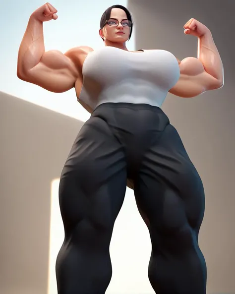 <lora:SenatorArmstrongPDXL_V1-Manityro-CAME:0.7> female SenArmStrong, big breasts, grey eyes, black hair, buzz cut, glasses, white tank top, muscular female, shirt, black pants, full body, 3d, nano machines, view from below, flexing, <lora:PeculiartLycoXL:1>, score_9, score_8_up, score_7_up, score_6_up, score_5_up, score_4_up,