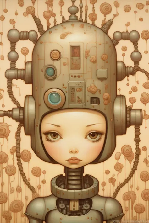<lora:Audrey Kawasaki Style:1>Audrey Kawasaki Style - Audrey Kawasaki art design mixed with mark ryden art design person to be in the image of a robot