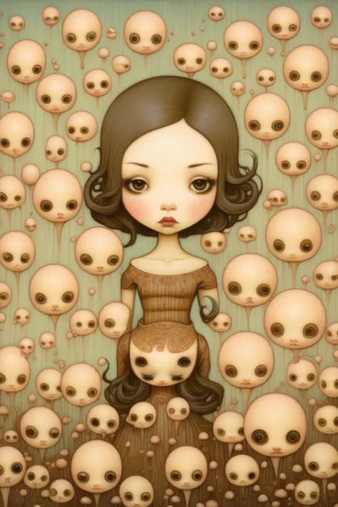 <lora:John Kenn Mortensen Style:1>, <lora:V1nt4geKn0ck3rs_v2:0.75>, John Kenn Mortensen Style page, cursed complex sepia psychedelic painting of a woman with multiple big breasts, she is disguised in clown, evil look on her face, ants are serving her ice creams, the world is freezing, nuclear wasteland