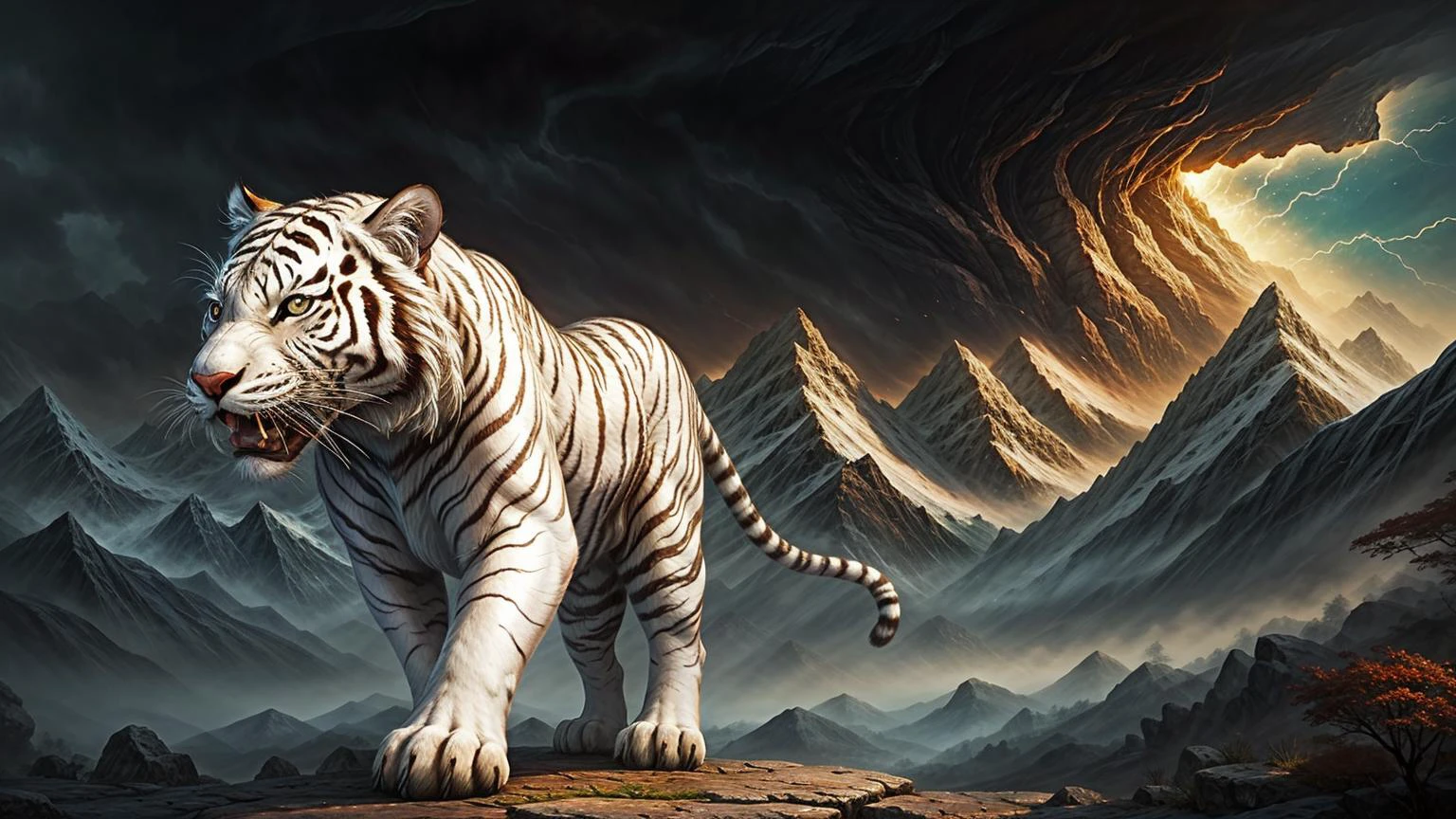 light white tiger, mountains, thunder, myth, abstract, fantasy, light magic  <lora:copax_white_tiger_v1:0.4>
