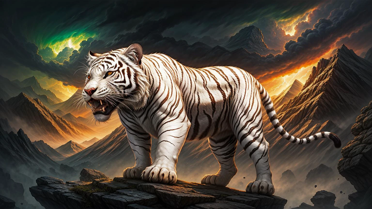 white tiger, mountains, thunder, myth, abstract, fantasy, light magic <lora:copax_white_tiger_v1:0.4>
