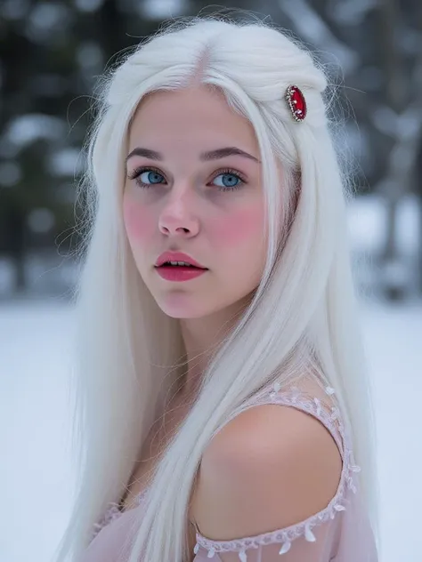 liza_white_model snow fae princess, photo real, (8k, RAW photo, highest quality), hyper realistic, red ruby gemstone suit, hauntingly beautiful illustrations, fairytale-inspired, winter snow background, blurry background lora:add-detail-xl:1> " p
