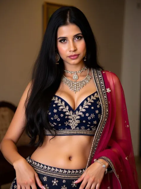 4K, UHD, masterpeice, 1 girl, good face, very detailed glossy eyes, very detailed full glossy lips, very detailed long shinning hair, straight hair, very long hair, beautiful hair, hair ornaments, hairband, gradient hair, very detailed and perfect natural medium large breasts, deep neckline, ((designer lehenga)), ((bridal lehenga)), ((decorated blouse)), sardine, ((jwellery on lehenga)), ((indigo lace)), ((diamond bracelet)), ((pendant)), ornaments, necklace, earring, high lighting, ((bare stomach)), wedding stage, fujicolor, depth of field, ray tracing, ultra realistic detail,