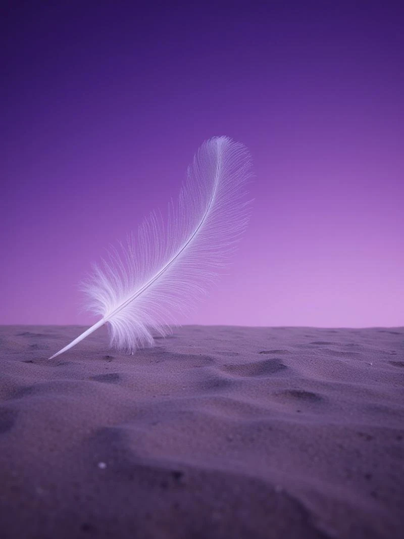 In a surreal landscape, a solitary feather, its wings spread wide as it lifts the weight of unspoken dreams. The sky is a deep shade of purple, 