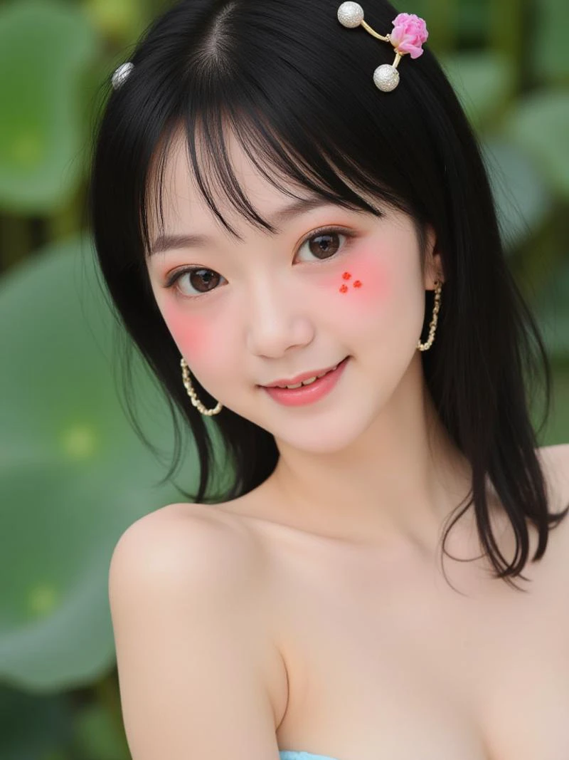 Superb Quality, Masterpiece, High Resolution, 1Girl, Blush, (Seductive Smile: 0.8), Star Pupil, , Hair Accessories, Necklace, Jewelry, Beauty, on_body, Tyndall Effect, Realism, Lotus Pond, Light Edge, Two-tone Lighting, (High Detail Skin: 1.2), 8K UHD, DSLR, Soft Light, High Quality, Volume Lighting, Candid Photo, High Resolution, 4K, 8K, Background Bokeh