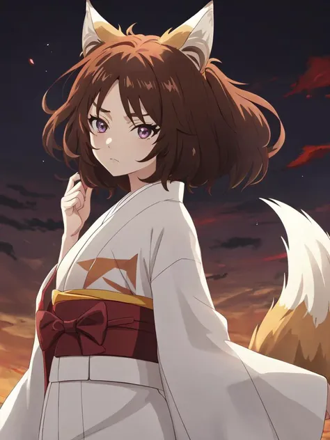 <lora:donkitsune:0.7:NIN> kawaii donkitsune 1girl with small fox ears huge (fox tail:1.6) blight brown hair, wide mushroom cut medium hair symmetrical bangs, (big hair messy hair), (tsurime:1.8) lightpurple eyes thick_eyebrows eyeliner, rhomboid eye, dissatisfaction medium breasts, creamyellow rectangular pattern kimono, wide sleeves, light purple hakama, cross-laced footwear whiskers , +++ extremely quality extremely detailed absurdres high resolution, contrapposto glow shine like opal <lora:_hipoly3DModelLora_v20:0.2:NF> hiqcgbody ++ Faint lips,UC:realistic cute anime face cinematic angle Girl at the front single focus dynamic pose