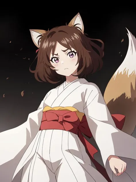 <lora:donkitsune:0.7:NIN> kawaii donkitsune 1girl with small fox ears huge (fox tail:1.6) blight brown hair, wide mushroom cut medium hair symmetrical bangs, (big hair messy hair), (tsurime:1.8) lightpurple eyes thick_eyebrows eyeliner, rhomboid eye, dissatisfaction medium breasts, creamyellow rectangular pattern kimono, wide sleeves, light purple hakama, cross-laced footwear   pupils sparkling , +++ extremely quality extremely detailed absurdres high resolution, contrapposto glow shine like opal <lora:_hipoly3DModelLora_v20:0.2:NF> hiqcgbody ++ Faint lips,UC:realistic cute anime face cinematic angle Girl at the front single focus dynamic pose