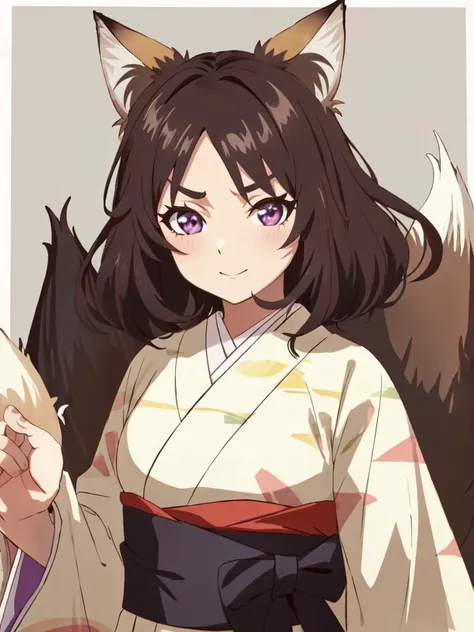 <lora:donkitsune:0.7:NIN> kawaii donkitsune 1girl with small fox ears huge (fox tail:1.6) blight brown hair, wide mushroom cut medium hair symmetrical bangs, (big hair messy hair), (tsurime:1.8) lightpurple eyes thick_eyebrows eyeliner, rhomboid eye, dissatisfaction medium breasts, creamyellow rectangular pattern kimono, wide sleeves, light purple hakama, cross-laced footwear smile