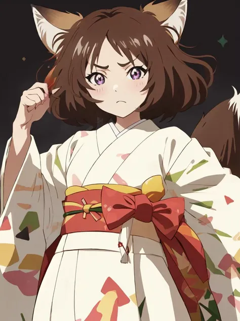 <lora:donkitsune:0.7:NIN> kawaii donkitsune 1girl with small fox ears huge (fox tail:1.6) blight brown hair, wide mushroom cut medium hair symmetrical bangs, (big hair messy hair), (tsurime:1.8) lightpurple eyes thick_eyebrows eyeliner, rhomboid eye, dissatisfaction medium breasts, creamyellow rectangular pattern kimono, wide sleeves, light purple hakama, cross-laced footwear pupils sparkling , +++ extremely quality extremely detailed absurdres high resolution, contrapposto glow shine like opal <lora:_hipoly3DModelLora_v20:0.2:NF> hiqcgbody ++ Faint lips,UC:realistic cute anime face cinematic angle Girl at the front single focus dynamic pose