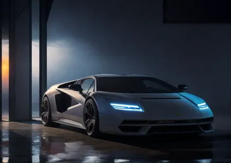 looking through a window inside a garage, lp800 sports car, city view, cyberpunk, futuristic,  octane, render, cgi, global illumination, vibrant colors, best quality, highly detailed