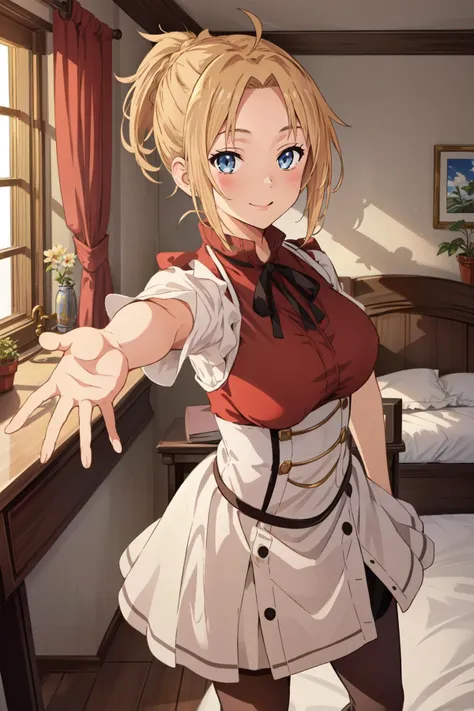 (masterpiece, best quality), intricate details,
1girl, <lora:ANIME_Zenith_aiwaifu-10:0.8> Zenith_aiwaifu, blond hair, ponytail, red dress, large breasts,
reaching towards viewer, seductive smile, indoors, bedroom, bed,