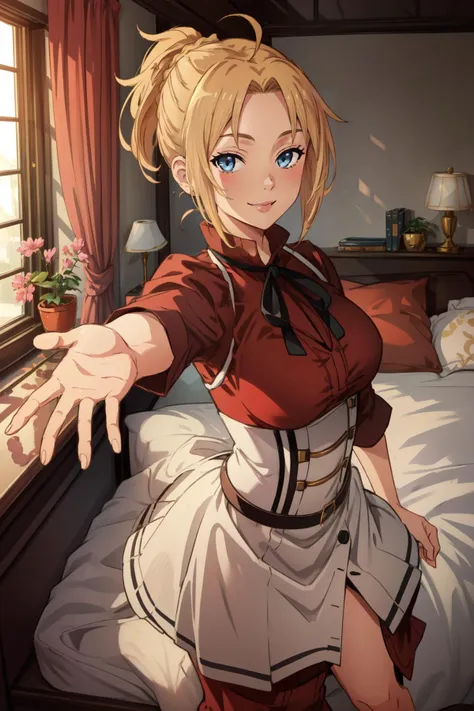 (masterpiece, best quality),  intricate details,
 1girl,   <lora:ANIME_Zenith_aiwaifu-10:0.8> Zenith_aiwaifu, blond hair, ponytail, red dress, large breasts, 
reaching towards viewer,  seductive smile, indoors, bedroom, bed,