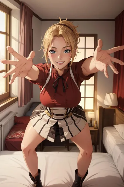 (masterpiece, best quality),  intricate details,
 1girl,   <lora:ANIME_Zenith_aiwaifu-10:0.8> Zenith_aiwaifu, blond hair, ponytail, red dress, large breasts, 
reaching towards viewer,  seductive smile, indoors, bedroom, bed,