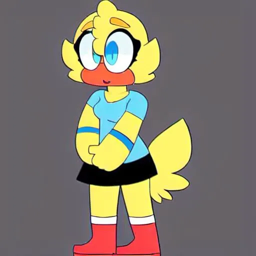 PollyBirdie, SpriteCranbirdie, anthro, avian, bird, blue eyes, bottomwear, clothed, clothing, female, legwear, parrot, simple background, solo, standing, topwear, yellow body <lora:SpritecranbirdieBirdsLoHa:0.9>