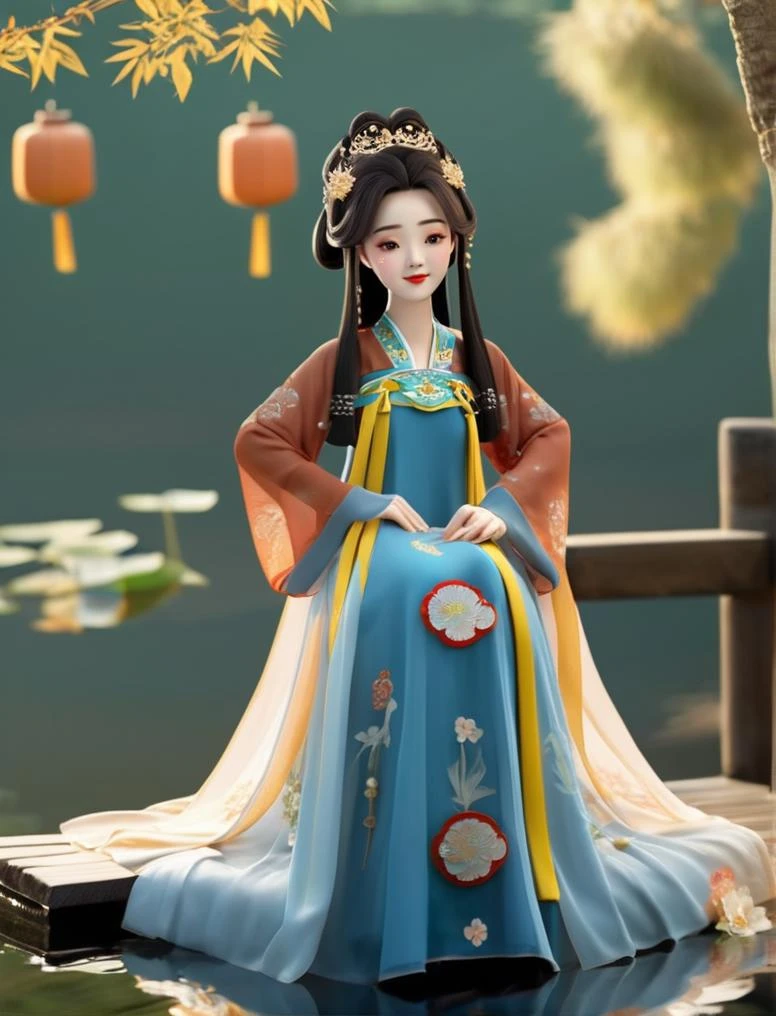 masterpiece, best quality, 3D, cute cartoon,
hanfu tang, tang style, tang dynasty, front view, 1girl, solo, black hair, hair ornament, long hair, black dress, lake, mountain, tree, sitting, jewelly, crown
<lora:HanfuTang_SDXL:0.65>