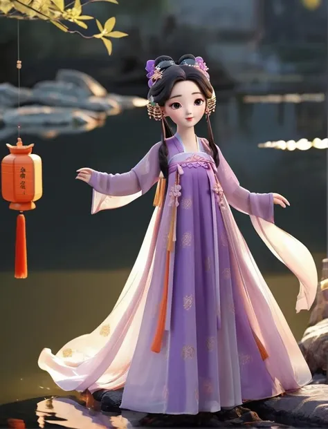 masterpiece, best quality, 3D, cute cartoon, 
hanfu tang, tang style, tang dynasty, front view, 1girl, solo, black hair, hair ornament, long hair, purple  dress, lake, mountain, tree
 <lora:HanfuTang_SDXL:0.65>